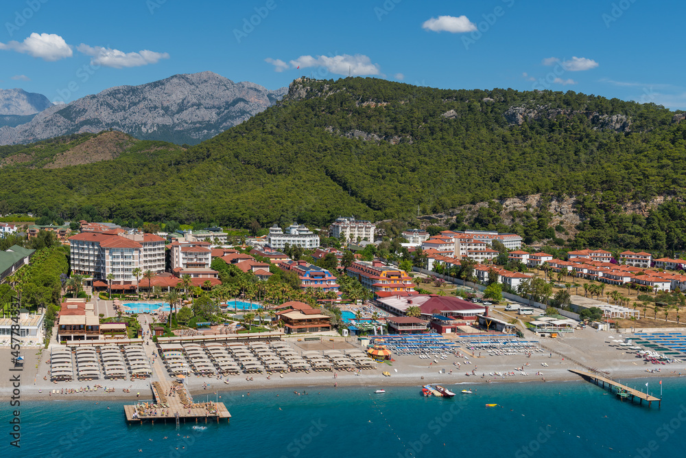 Aerial view of beaches and opels on the Mediterranean coast on the Turkish Riviera in the vicinity of Kemer