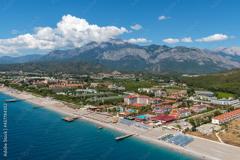 Aerial view of beaches and opels on the Mediterranean coast on the Turkish Riviera in the vicinity of Kemer