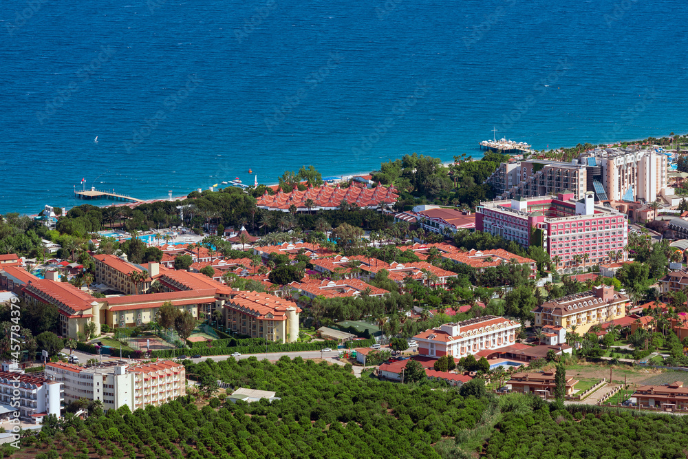 Aerial view of beaches and opels on the Mediterranean coast on the Turkish Riviera in the vicinity of Kemer