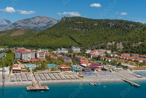 Aerial view of beaches and opels on the Mediterranean coast on the Turkish Riviera in the vicinity of Kemer