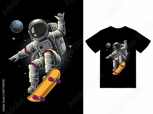 Astronaut playing skateboard in space illustration with tshirt design premium vector