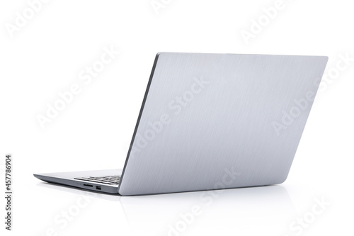 Back view of Slim modern laptop computer isolated on white background. Silver Grey color. Clipping path.