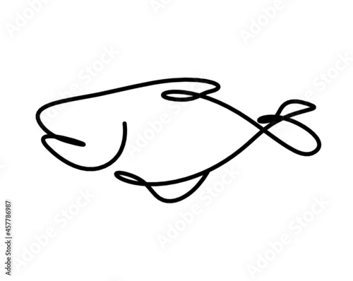 Black silhouette of fish as line drawing on white background. Vector