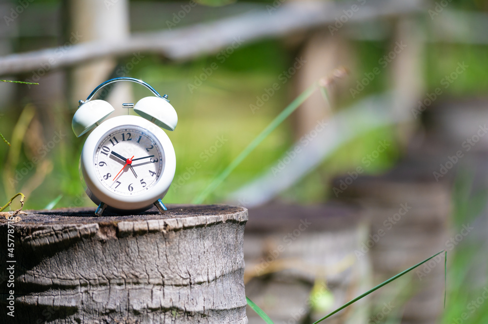 Naklejka premium Classic Alarm Clock on Wood Table with green background.