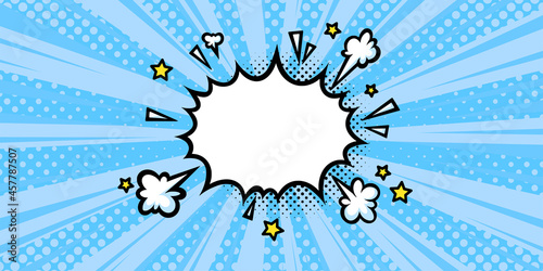 Surprising boom cloud with lightnings in blue halftone background for sales and promotions. Banner template for surprises and bursting events. Vector illustration in pop art style photo