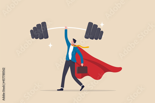 Murais de parede Business Strengths, strong power to get job done and success, career challenge or winning skill with strong leadership concept, strong businessman hero show his strength by easy lifting heavy weight
