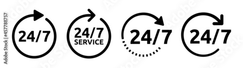 24/7 service icon. Loop arrow icon symbol of open 24 hours.