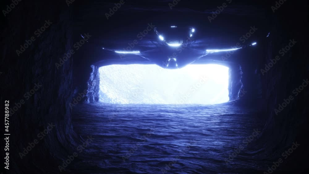 Futuristic old sci fi ship flying in rock cave. Future concept. Space view. Realistic 4k animation.