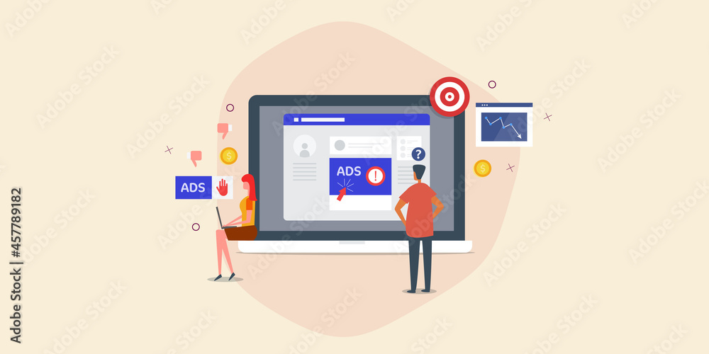 Social media advertising mistake, digital marketing strategy fails, content error, business people editing analysing common marketing advertising mistakes, decreasing arrow. Web banner template.