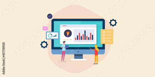 CRM lead management software, analysing customer data. Capture new leads and sales conversion process, tracking customer activity, displaying customer conversion route on dashboard panel. Web banner.