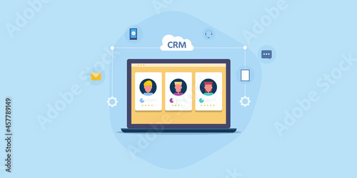 CRM dashboard showing customer data on virtual screen, customer relationship management software application, cloud technology, internet communication concept. Web banner template.