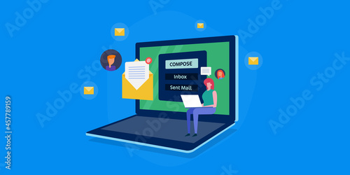 Businesswoman typing email to subscribers, woman writing email on laptop, isometric style email marketing solution, online email message, composing email, inbox email service concept. Web banner.