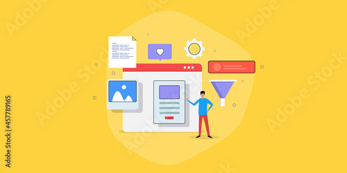 lead generation form capturing online emails, collecting data, customer conversion, CRM - digital marketing solution,  lead management software concept. marketing people with sales funnel. Web banner.