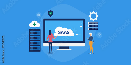 Woman technologist managing cloud server application, cloud computing database, saas - software as a service. Internet security, business communication concept. Web banner template.