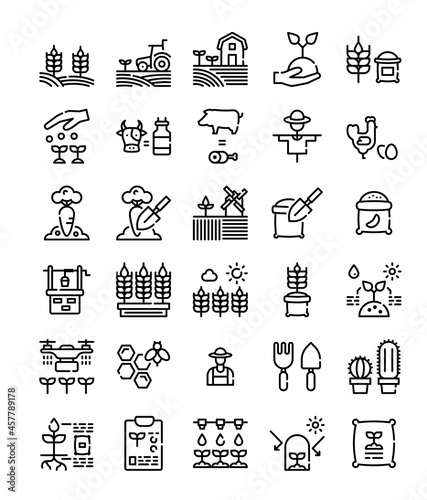 set of simple line farming agriculture icons