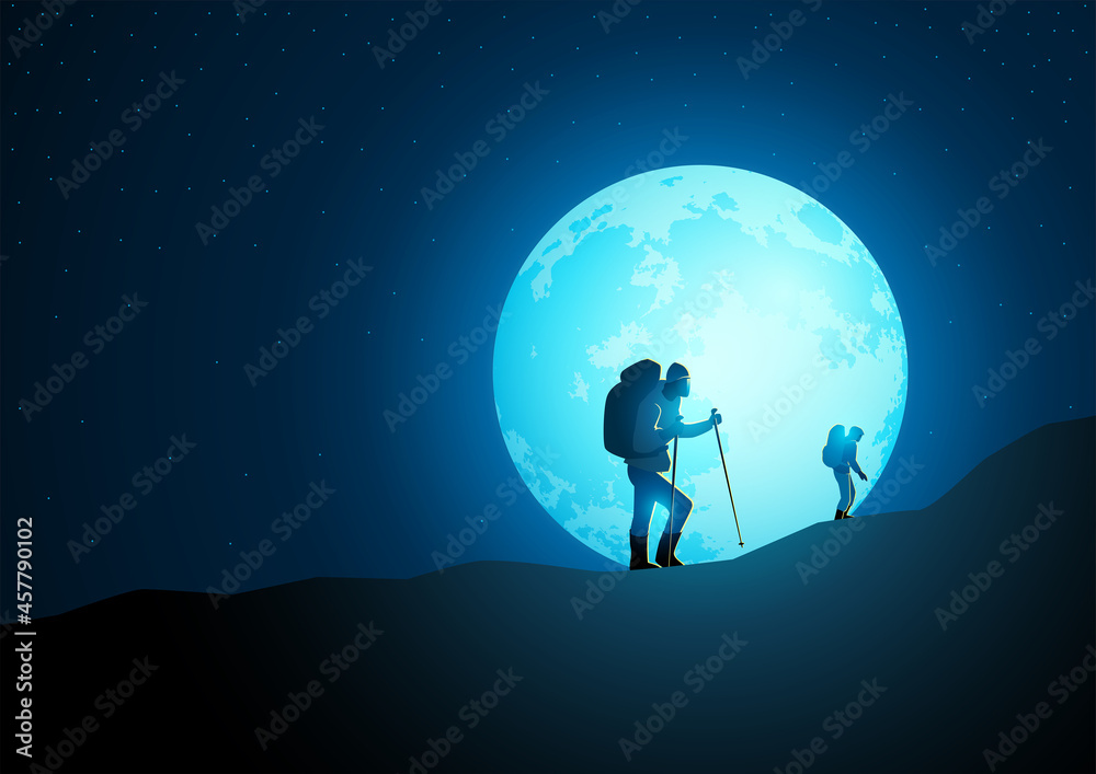 Obraz premium Trekkers with backpack trekking on mountain with beautiful full moon on the background