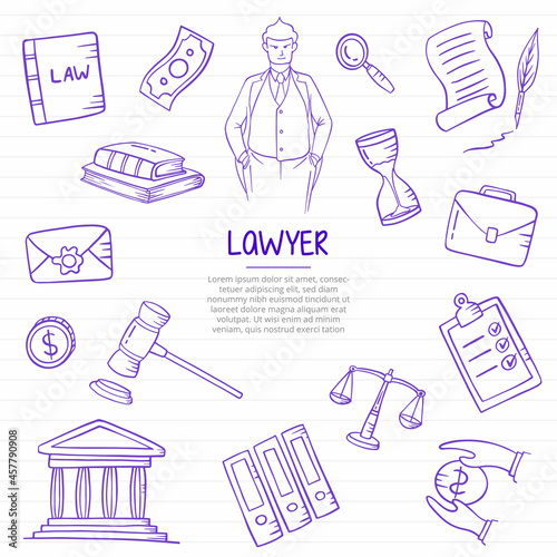lawyer job or jobs profession doodle hand drawn with outline style on paper books line
