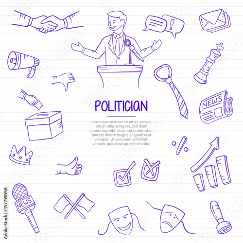 politician in politics job or jobs profession doodle hand drawn with outline style on paper books line