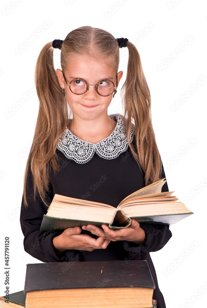 Caucasian child girl raised her hand up isolated on white background. Caucasian child girl raised her hand up isolated on white background.