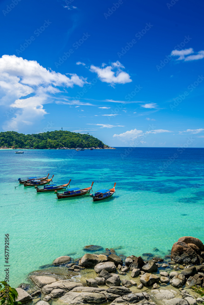 Beautiful Andaman sea, Tropical Turquoise clear blue sea on pattaya beach with blue sky background at Lipe Island, Satun, Thailand - summer vacation travel