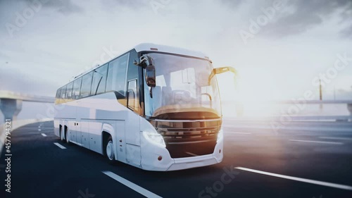 3d model touristic passenger bus on highway. Very fast driving. Tourism concept. Realistic 4k animation. photo