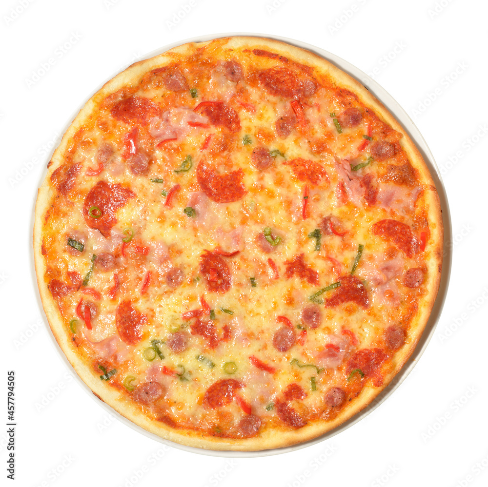 Fresh pizza isolated on white background. Original italian classic delicious pepperoni pizza with cheese, salami and ham
