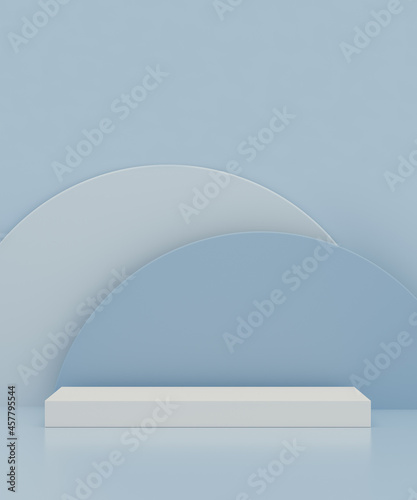 Big pedestal for product display on funny colorful circles blue background for exhibition. Empty podium platform.