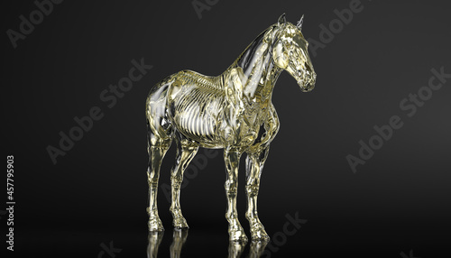 Transparent crystal horse with visible skeleton, 3d rendering, 3d illustration