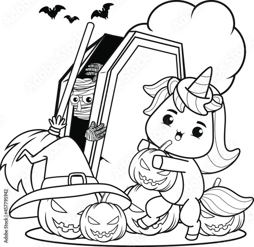 Halloween coloring book with cute unicorn
