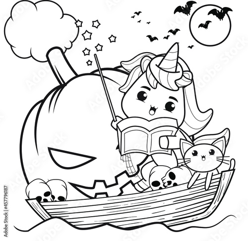 Halloween coloring book with cute unicorn