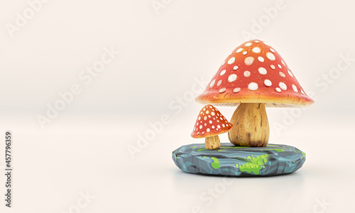big and small red mushroom with white dots on gray rock with moss 3D illustration
