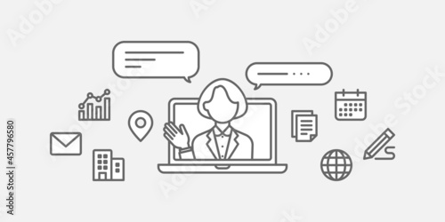 ノートパソコンでビデオ通話やweb会議をする女性