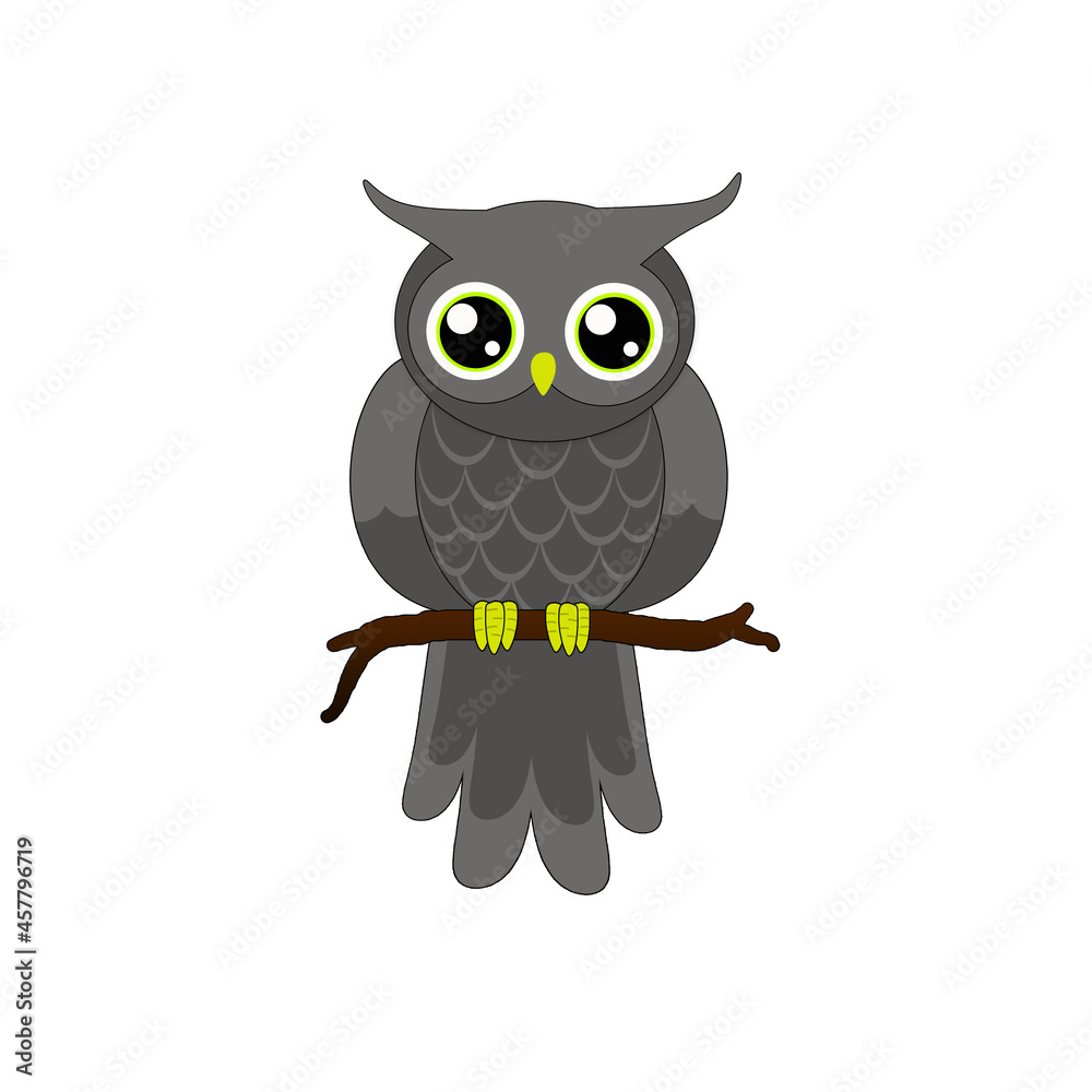 Gray owl with big eyes holding a twig on a white background Gray owl with big eyes holding a twig on a white background