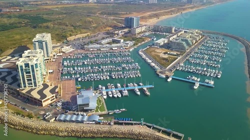 Aerial view of yachts in marina of Herzliya, Israel. Mediterranean Sea beach