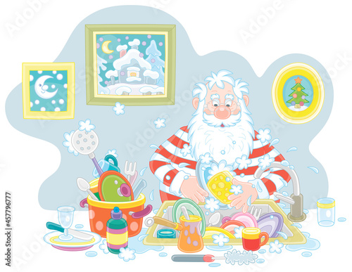Santa Claus washing dishes, pans, forks and spoons with liquid soap in his kitchen after a fun party on winter vacation, vector cartoon illustration on a white background