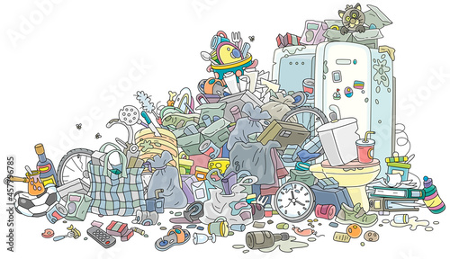 Big messy dump of household garbage and waste, vector cartoon illustration isolated on a white background photo