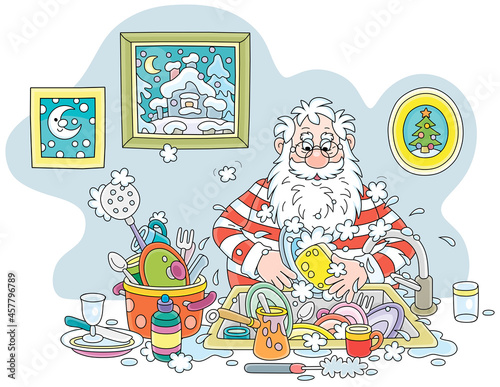 Santa Claus washing dishes, pans, forks and spoons with liquid soap in his kitchen after a fun party on winter vacation, vector cartoon illustration on a white background