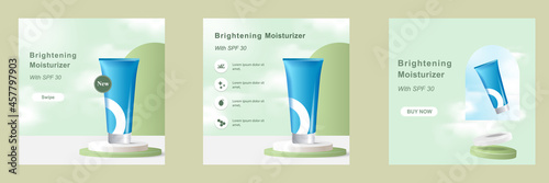 Minimal modern beauty fashion cosmetic social media square post banner in green color. Suitable for product knowledge, display, price, catalog tips template with sky cloud elements.