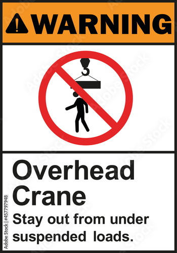 Overhead crane stay out from under suspended loads warning sign. Construction signs and symbols.