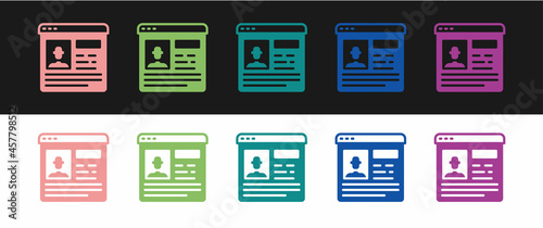 Set Resume icon isolated on black and white background. CV application. Searching professional staff. Analyzing personnel resume. Vector