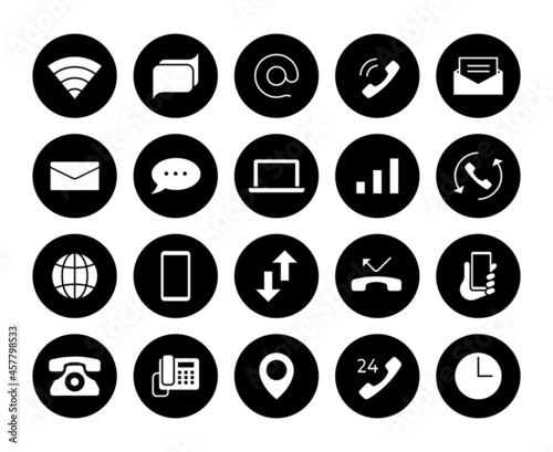 Contact icons. Phone communication pictograms. Email and text message symbols. Mail and call black silhouette signs set. Vector internet or network connection interface round elements