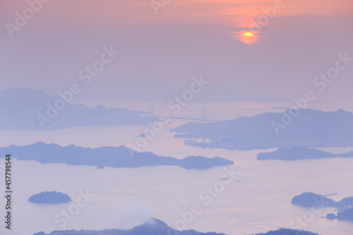 瀬戸内海のしまなみの夜明け 広島県三原市竜王山展望台