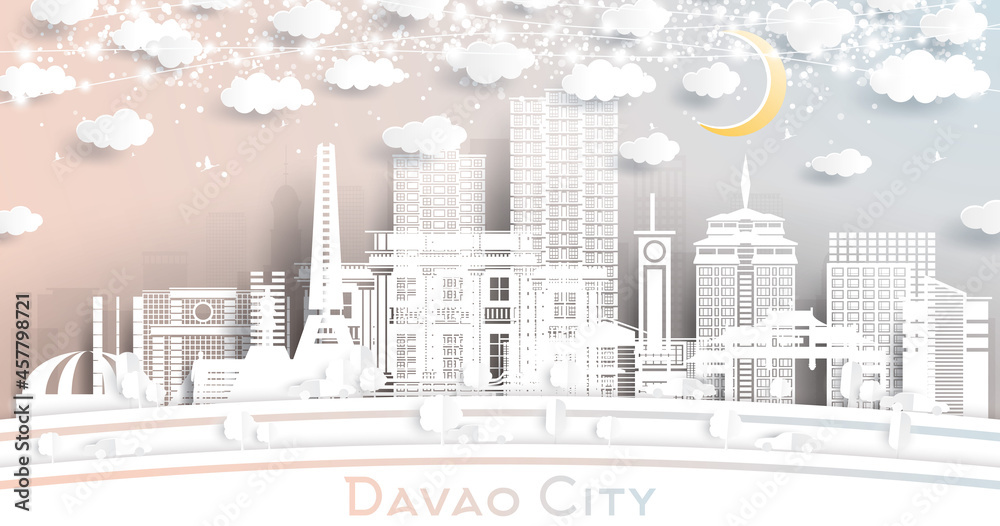 Davao City Philippines Skyline in Paper Cut Style with White Buildings, Moon and Neon Garland.