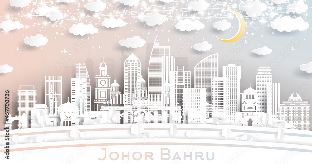 Johor Bahru Malaysia City Skyline in Paper Cut Style with White Buildings, Moon and Neon Garland.