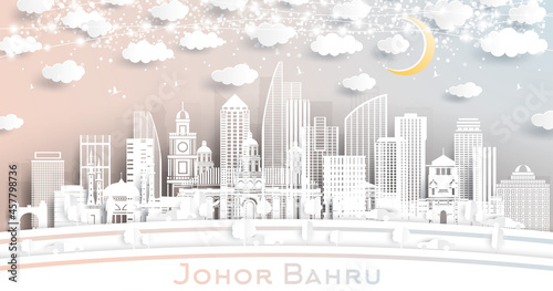Vászonkép Johor Bahru Malaysia City Skyline in Paper Cut Style with White Buildings, Moon and Neon Garland