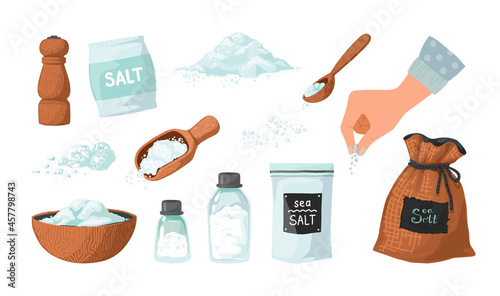 Hand drawn salt. Spice powder in spoon and bowl. Hand spreading salty sea crystals. Seasoning in glass bottles and packages. White ground heaps. Vector cooking ingredient sketches set