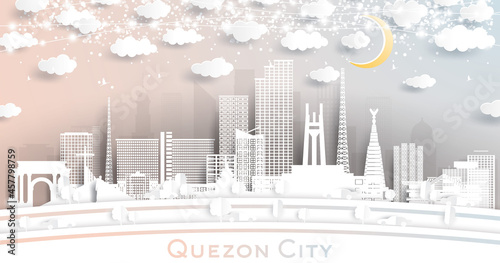 Quezon City Philippines Skyline in Paper Cut Style with White Buildings, Moon and Neon Garland.