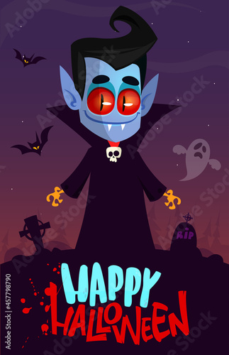 Vampire cartoon character on night cemetery background. Halloween illustration of funny creature. Package, poster or greeting invitation design. Vector