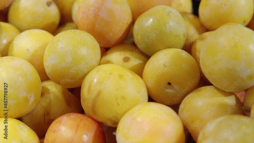 Lots of ripe yellow fragrant plums on the grocery store shelf. Lots of ripe yellow fragrant plums on the grocery store shelf.