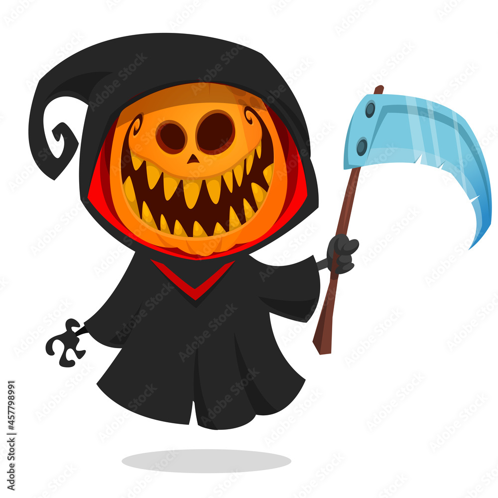 Obraz premium Grim reaper pumpkin head cartoon character with scythe. Halloween jack o lantern illustration design for party invitation or poster. Vector scarecrow